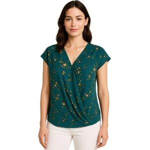 HALOGEN –‎ Dark Teal Floral Draped Surplice Blouse (Size M)